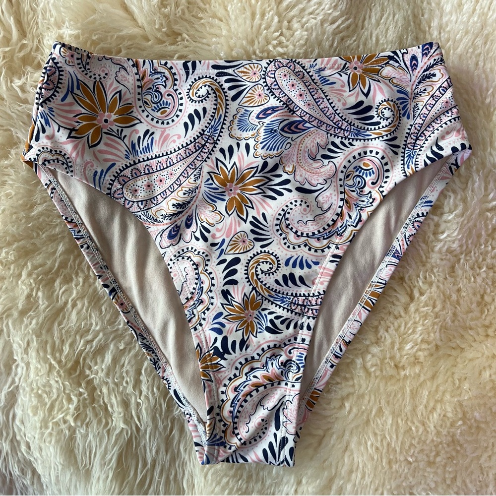 KONA SOL High Waisted Paisley Bikini Bottom SMALL White Pink Brown Blue Boho